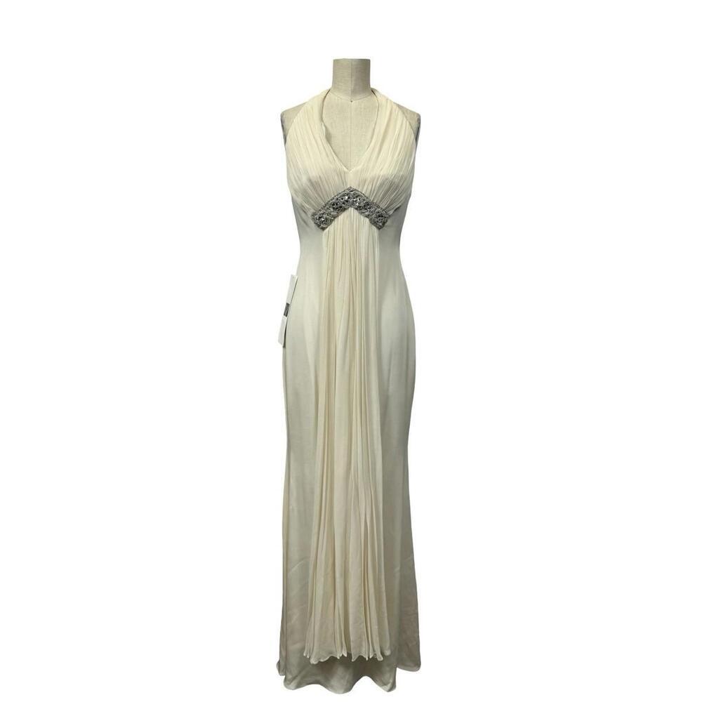 Marchesa Notte Silk Halter Sleeveless Embellished Drape Maxi Gown Ivory Sz US 0